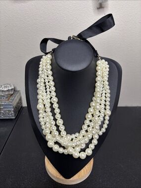 SUGARFIX Multi-Strand Ivory Pearl Necklace Black Ribbon Statement Chunky Vibes